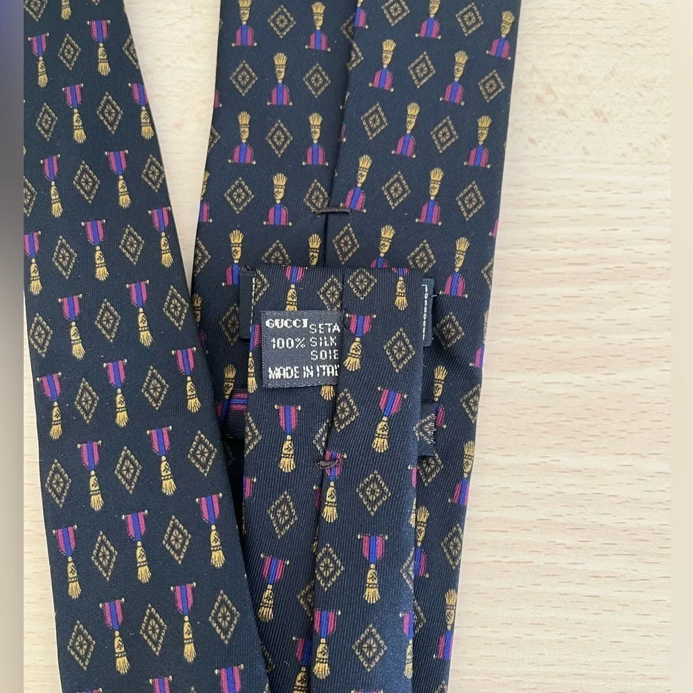 Gucci Black Silk Tie Gold Tassels,Fuschia Pink and blue Pattern Vintage BNWOT